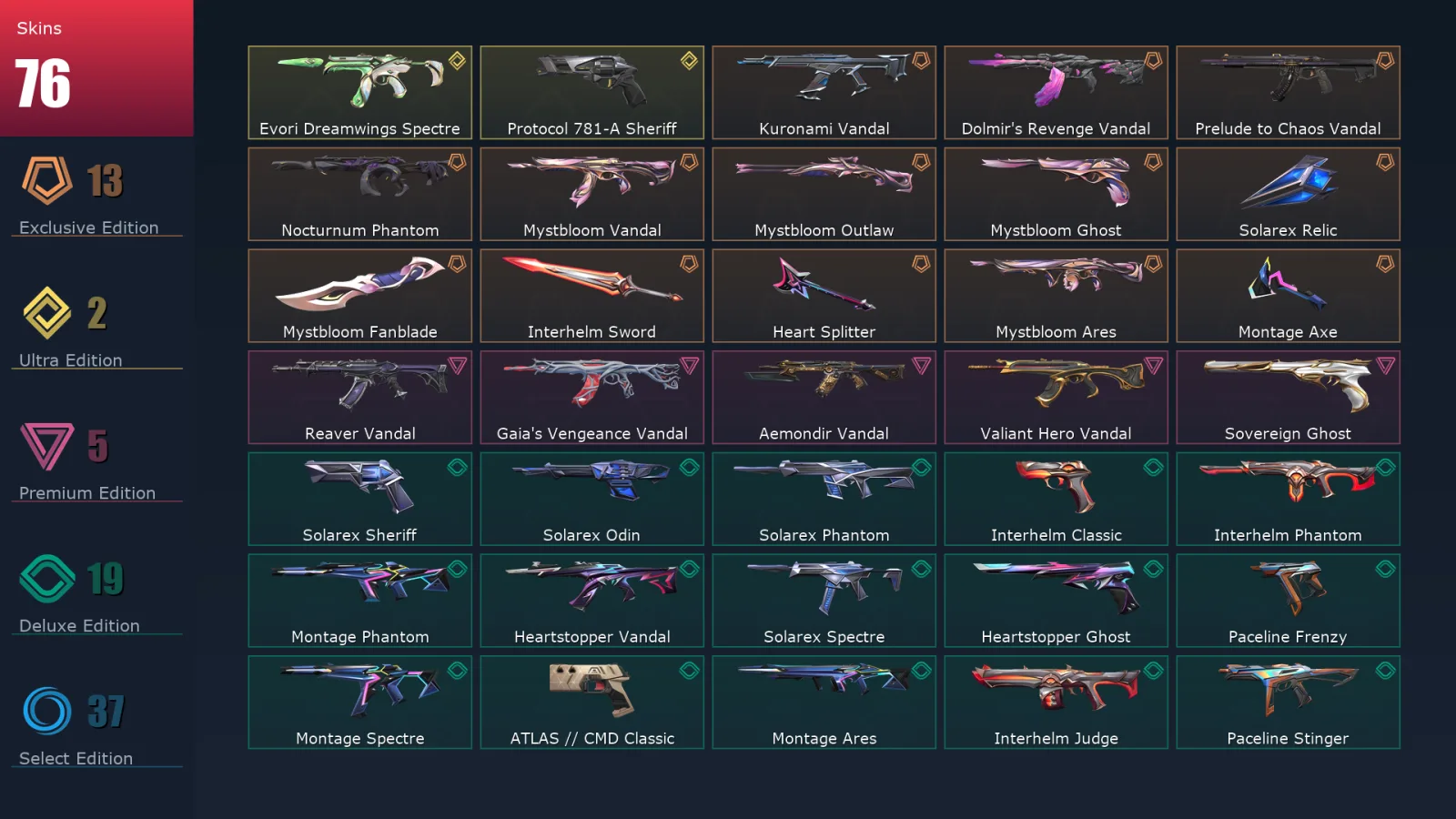 [Valorant] | EU | Level 167 | Bronze 1 | 29 Agents | 76 Skins