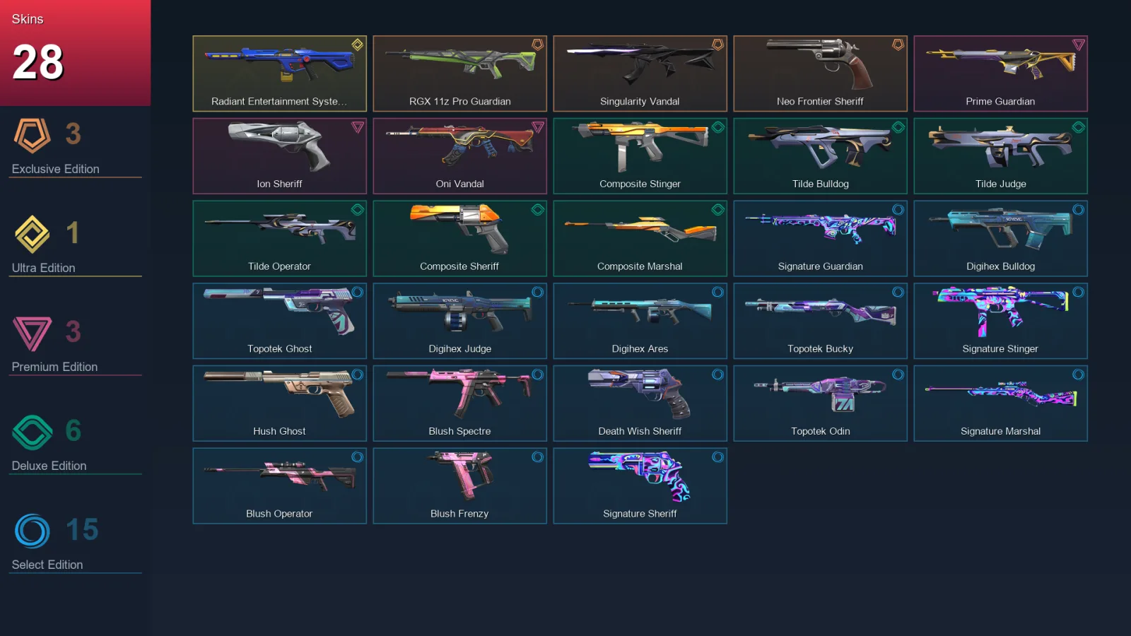 EU | RGX 11z Pro Guardian | Singularity Vandal | Neo Frontier Sheriff | Radiant Entertainment System Phantom | 28 Skin | 15 Agent | 41 Buddy | Lv64