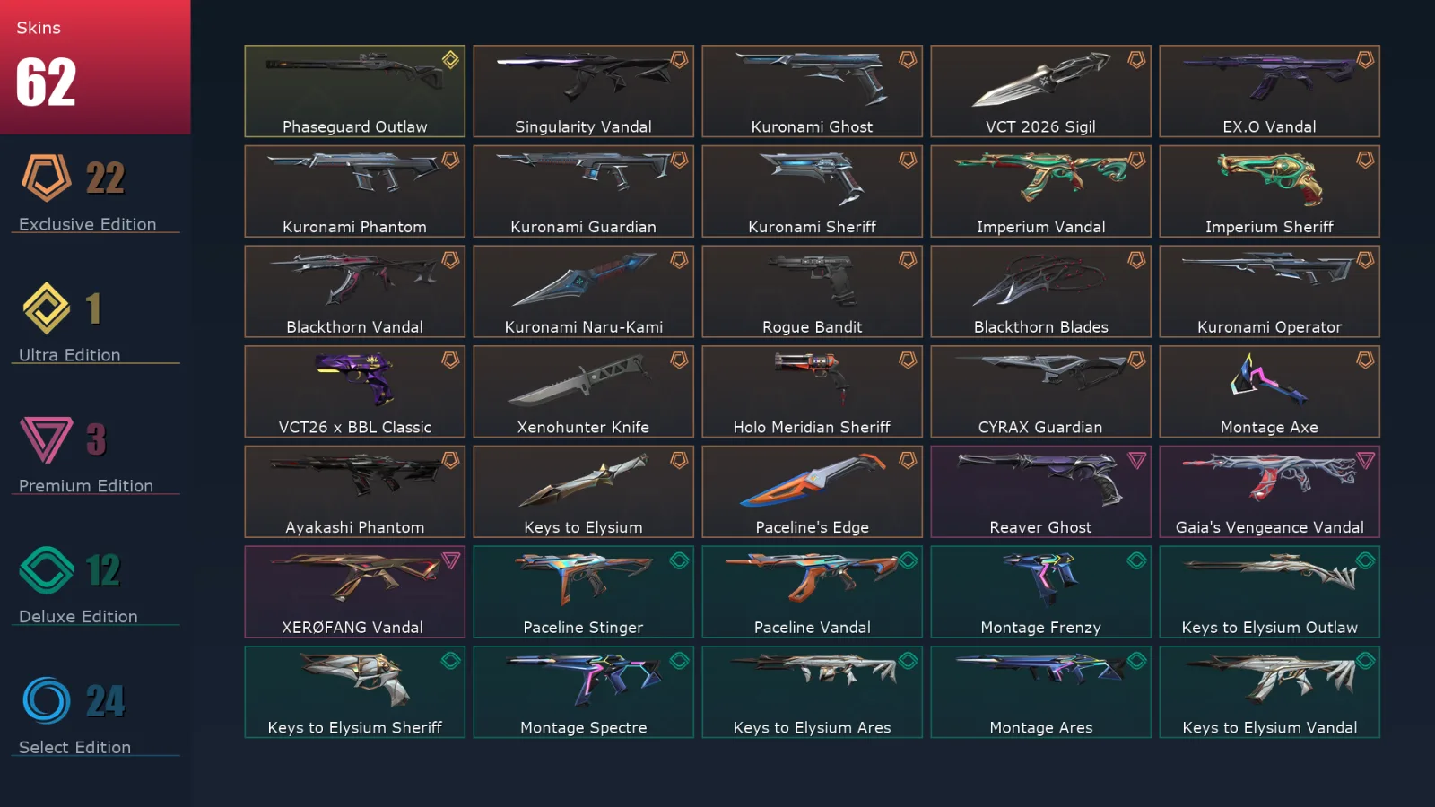 [Valorant] | EU | Level 58 | Platinum 1 | 19 Agents | 62 Skins