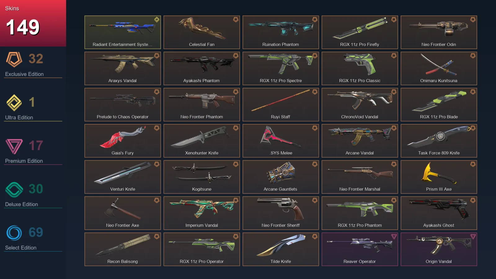 AP | Lv240 | Unranked | 149 Skin | 27 Agent | 135 Buddy