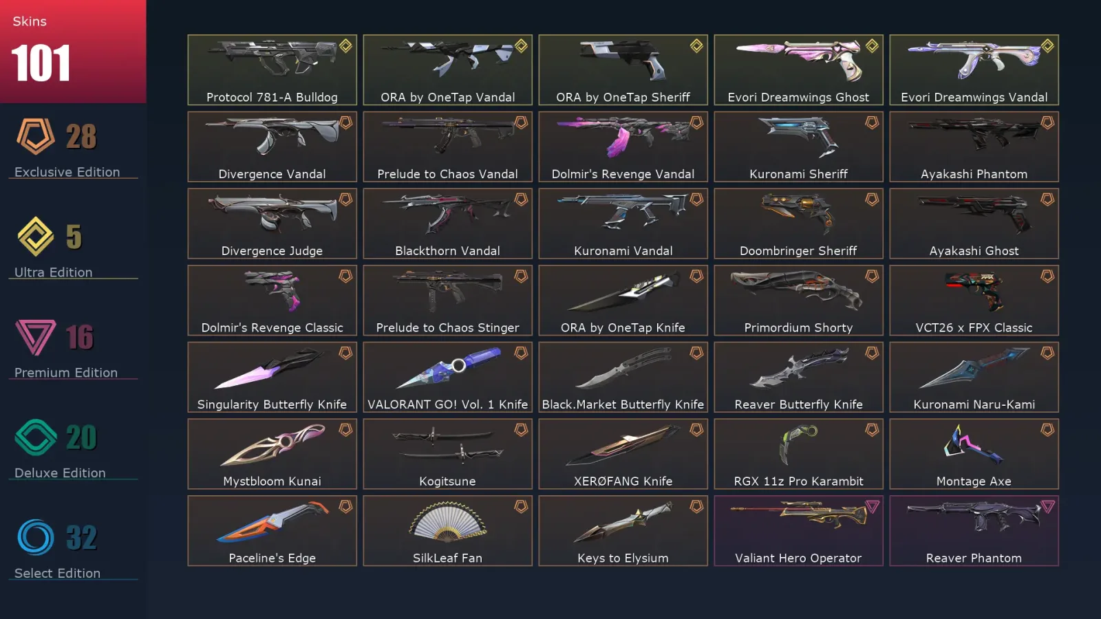 [Valorant] | EU | Level 133 | Gold 1 | 27 Agents | 101 Skins