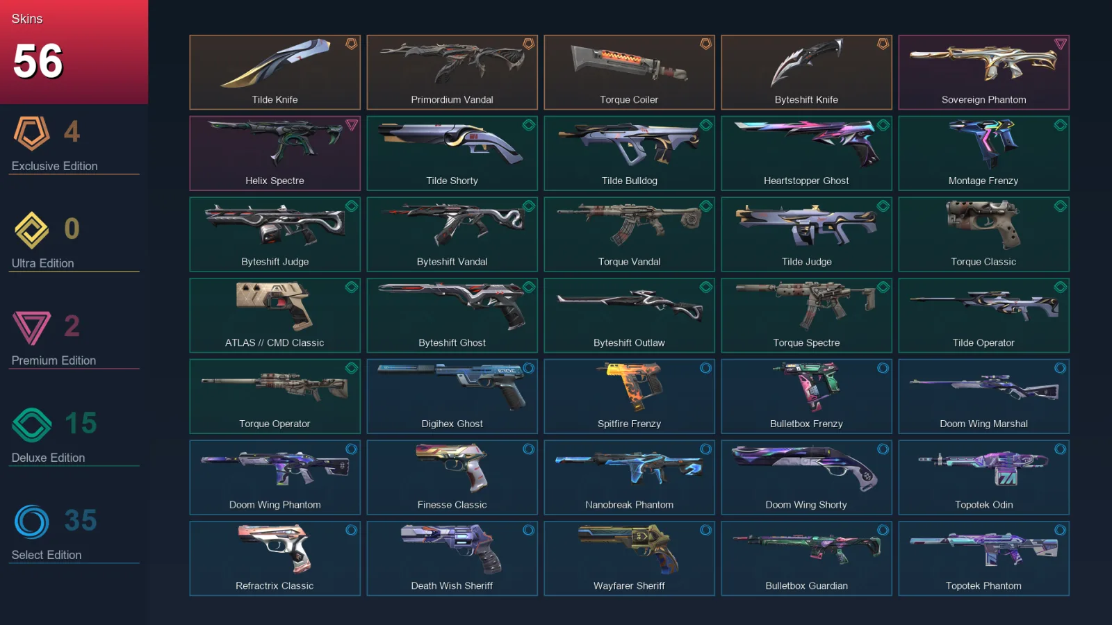 AP | Tilde Knife | Primordium Vandal | Torque Coiler | Byteshift Knife | 56 Skin | 29 Agent | 147 Buddy | Lv269