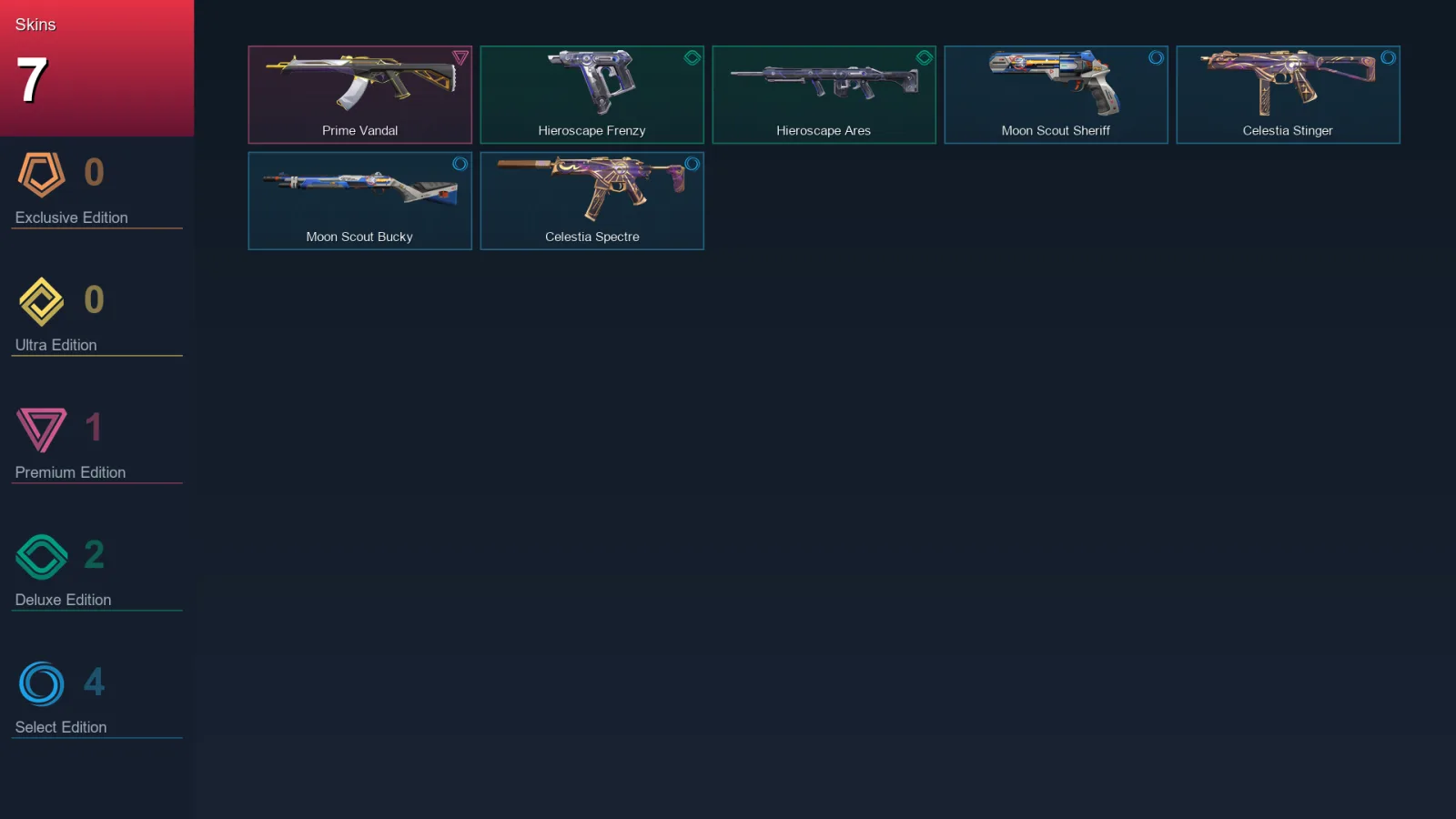 BR | Prime Vandal | Hieroscape Frenzy | Hieroscape Ares | Moon Scout Sheriff | 7 Skin | 11 Agent | 12 Buddy | Lv31