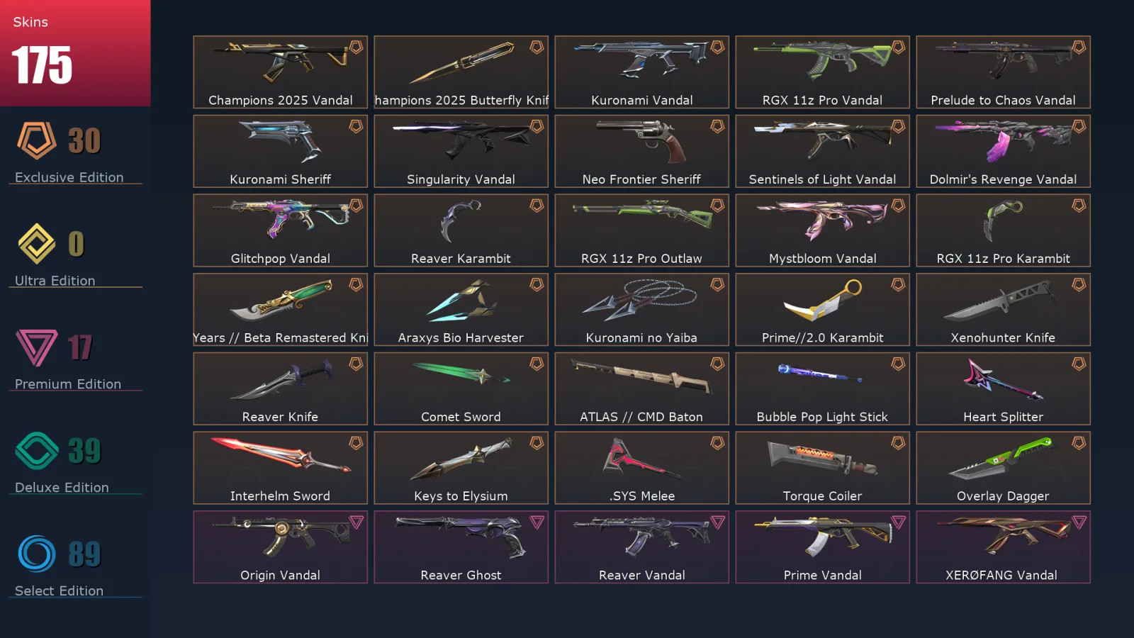 [Valorant] | EU | Level 291 | Gold 3 | 29 Agents | 175 Skins