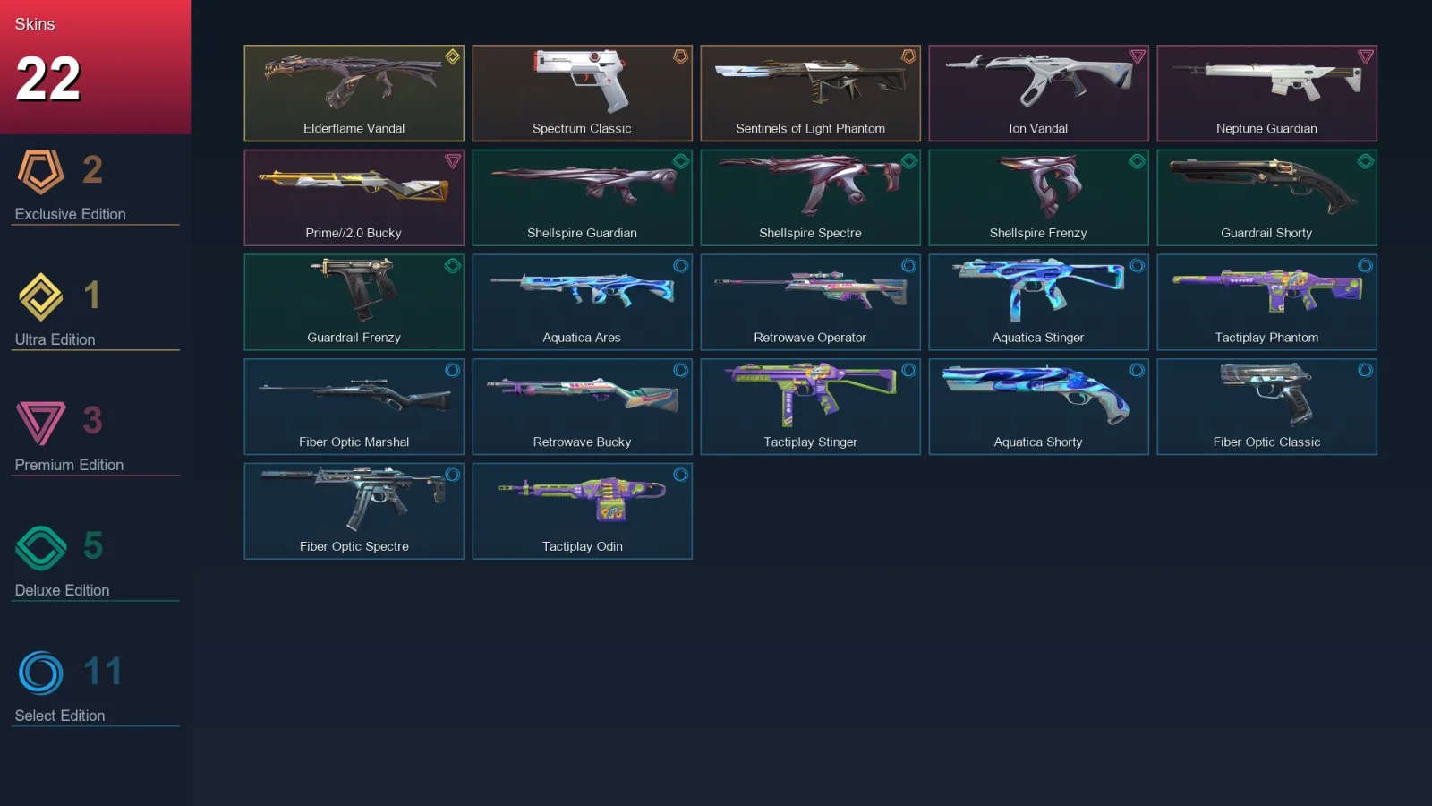 NA | Spectrum Classic | Sentinels of Light Phantom | Elderflame Vandal | Ion Vandal | 22 Skin | 9 Agent | 16 Buddy | Lv30