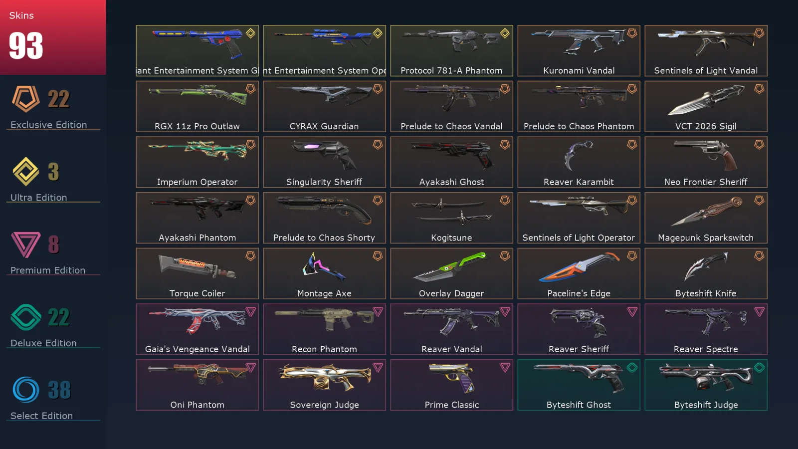 [Valorant] | EU | Level 162 | 29 Agents | 93 Skins