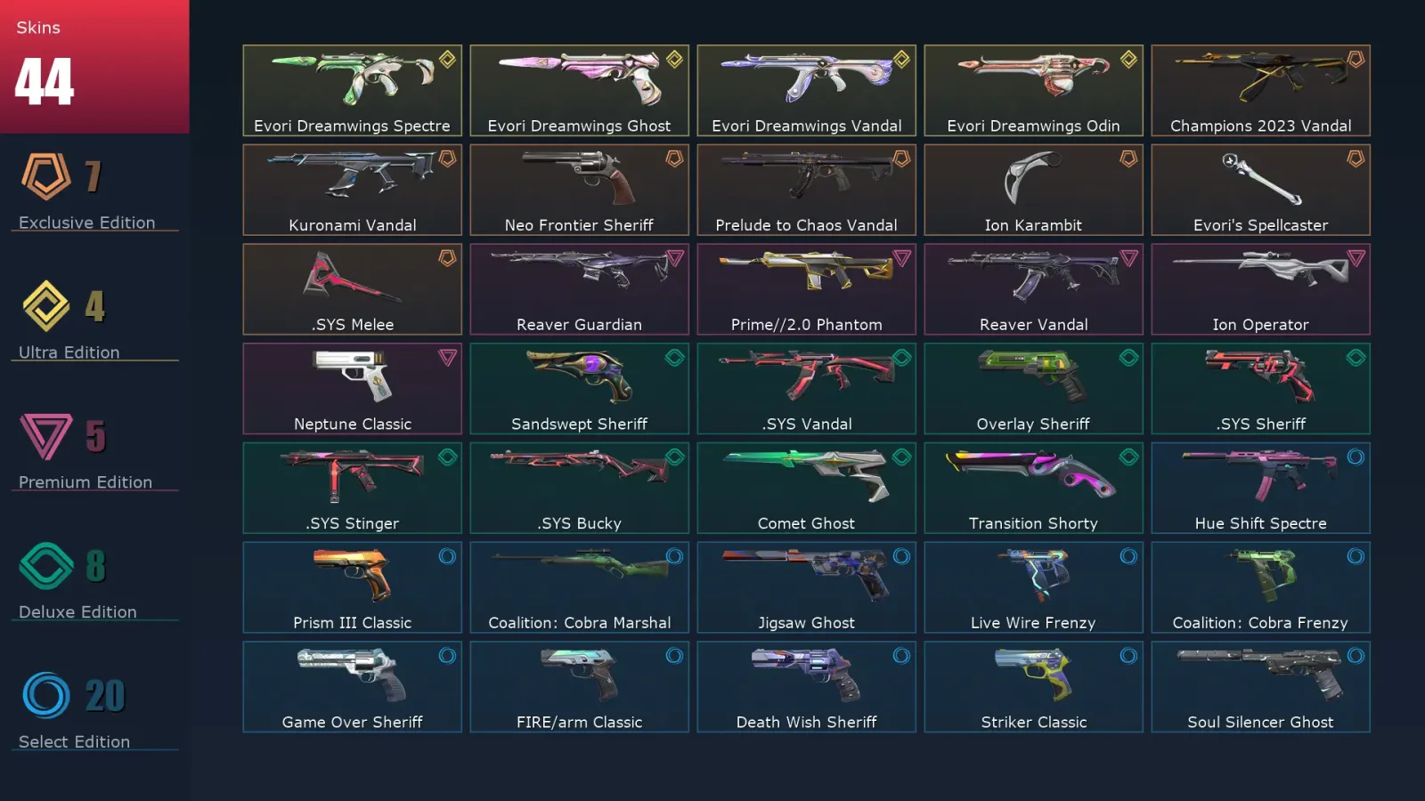 [Valorant] | EU | Level 1 | Immortal 1 | 29 Agents | 44 Skins