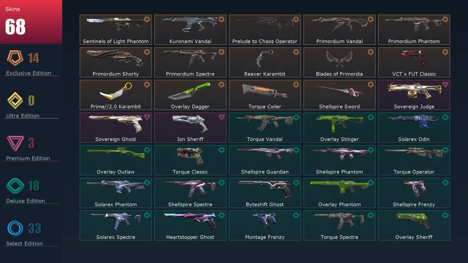[Valorant] | EU | Level 151 | 29 Agents | 68 Skins