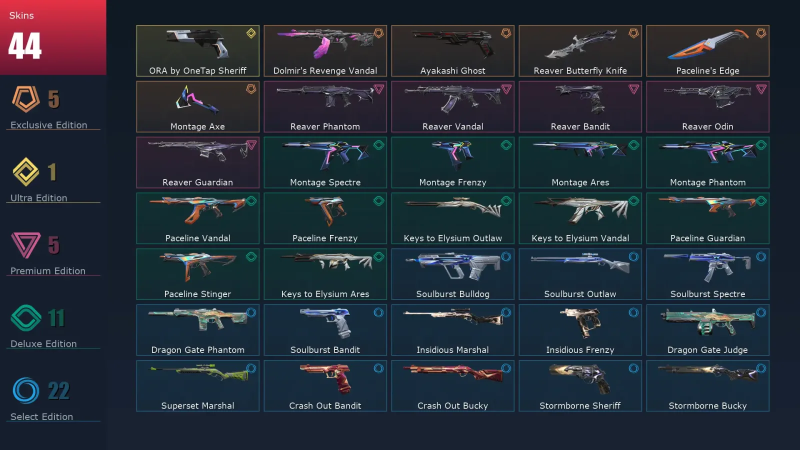 [Valorant] | EU | Level 57 | Gold 1 | 14 Agents | 44 Skins