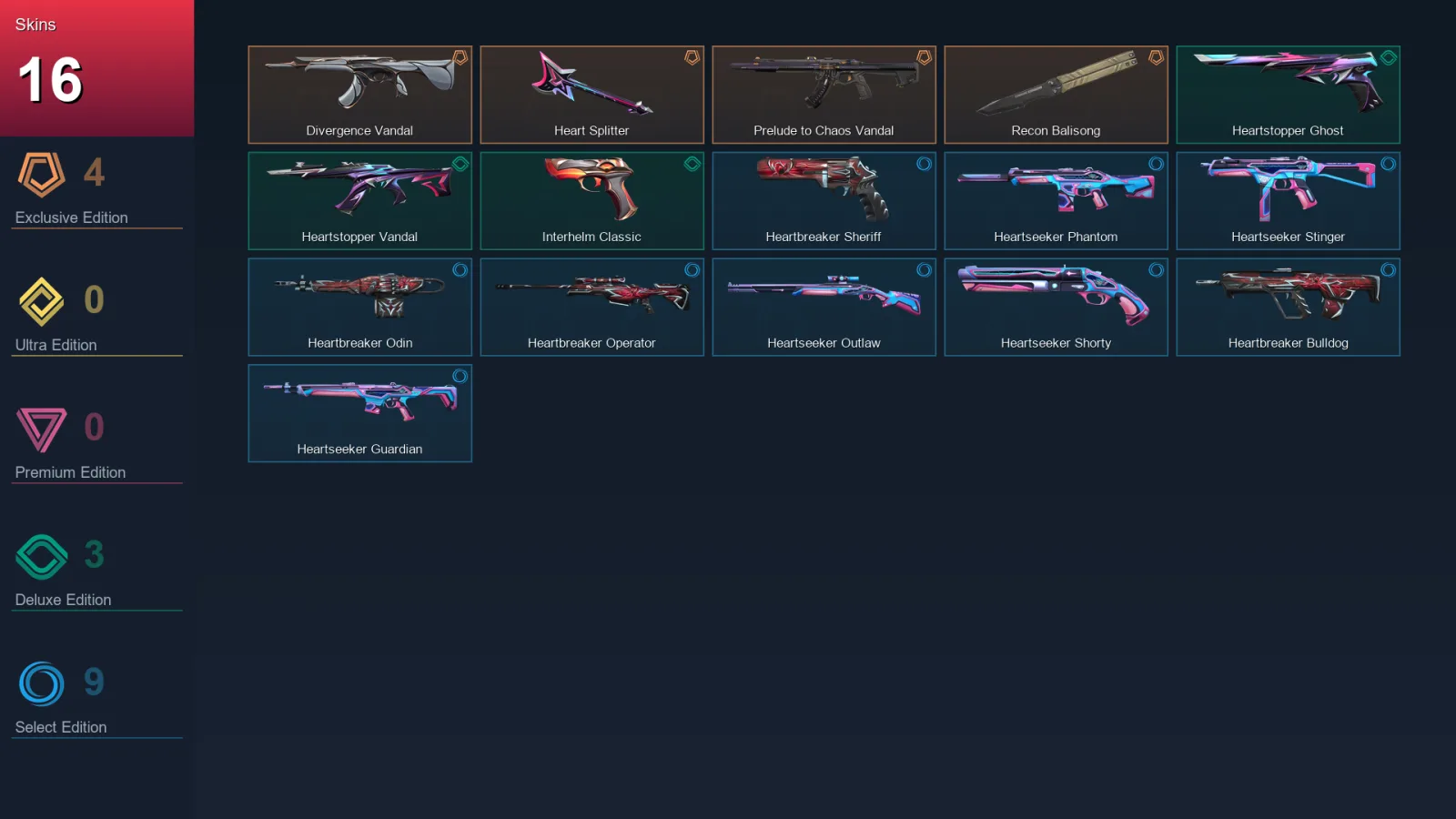 NA | Divergence Vandal | Heart Splitter | Prelude to Chaos Vandal | Recon Balisong | 16 Skin | 12 Agent | 27 Buddy | Lv59
