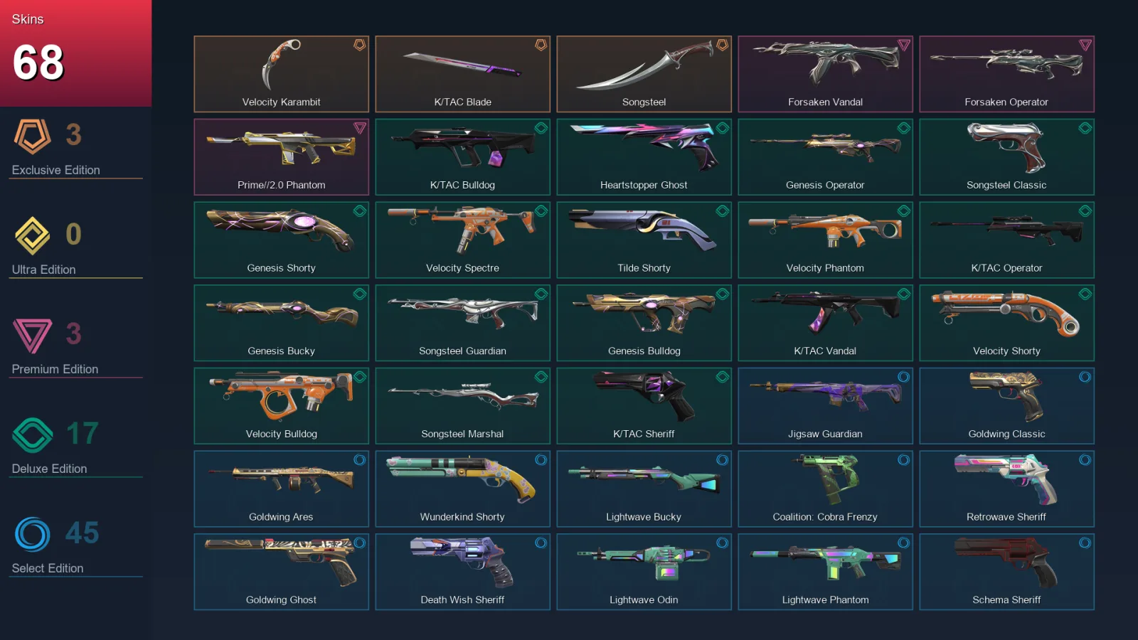 AP | Lv265 | Unranked | 68 Skin | 28 Agent | 131 Buddy