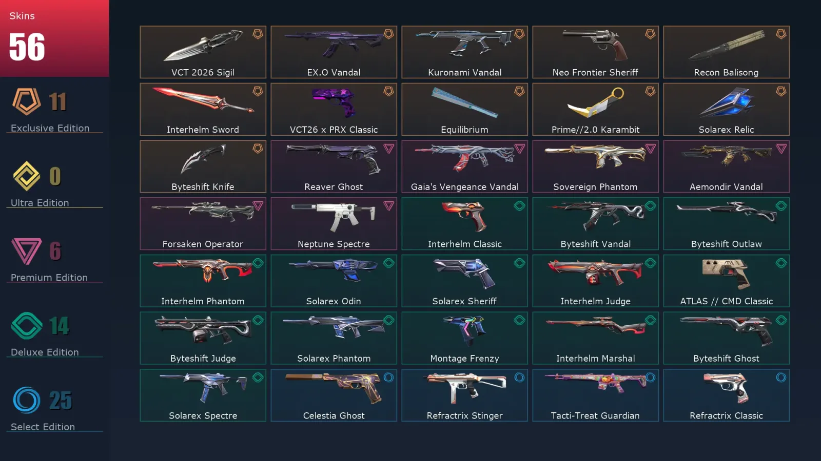 [Valorant] | EU | Level 211 | Gold 1 | 28 Agents | 56 Skins