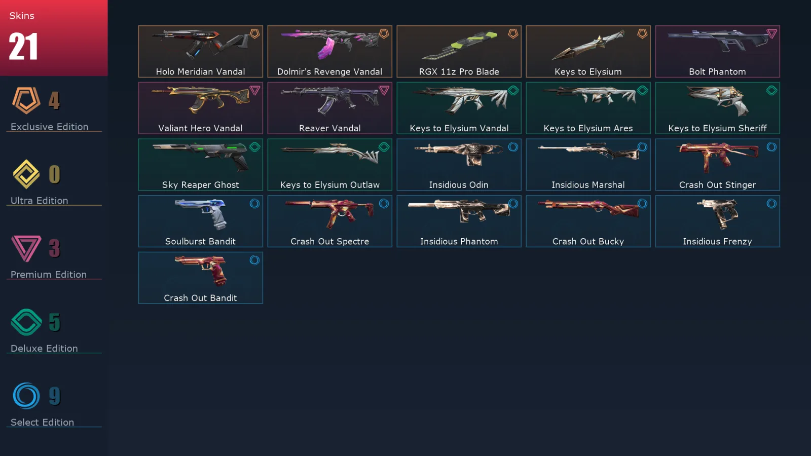[Valorant] | EU | Level 77 | Diamond 3 | 22 Agents | 21 Skins