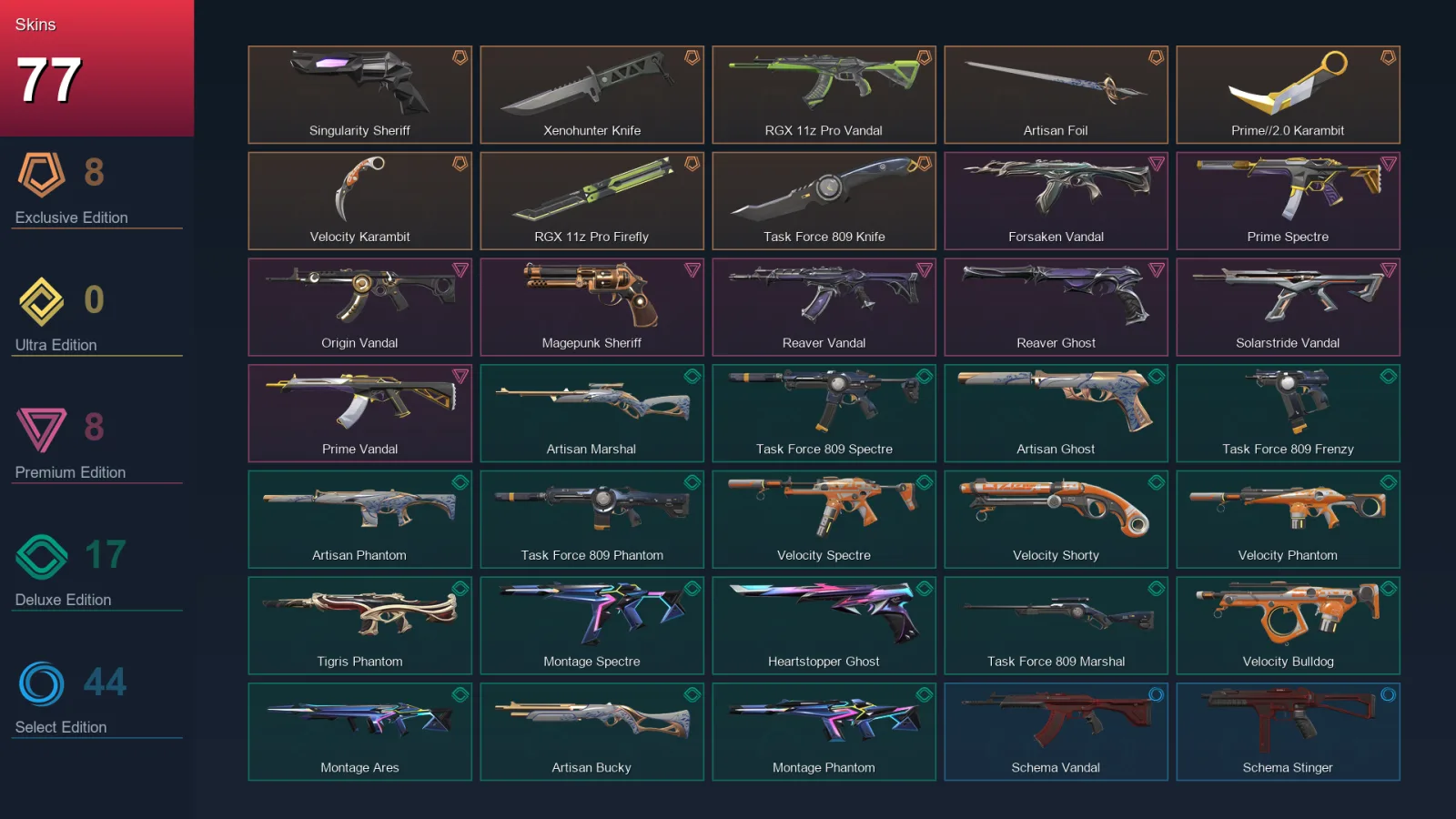 EU | Lv220 | Unranked | 77 Skin | 28 Agent | 93 Buddy — Valorant account