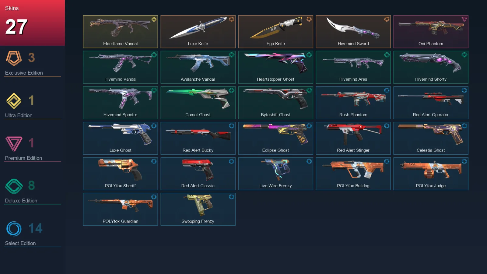 AP | Lv129 | Unranked | 27 Skin | 28 Agent | 86 Buddy