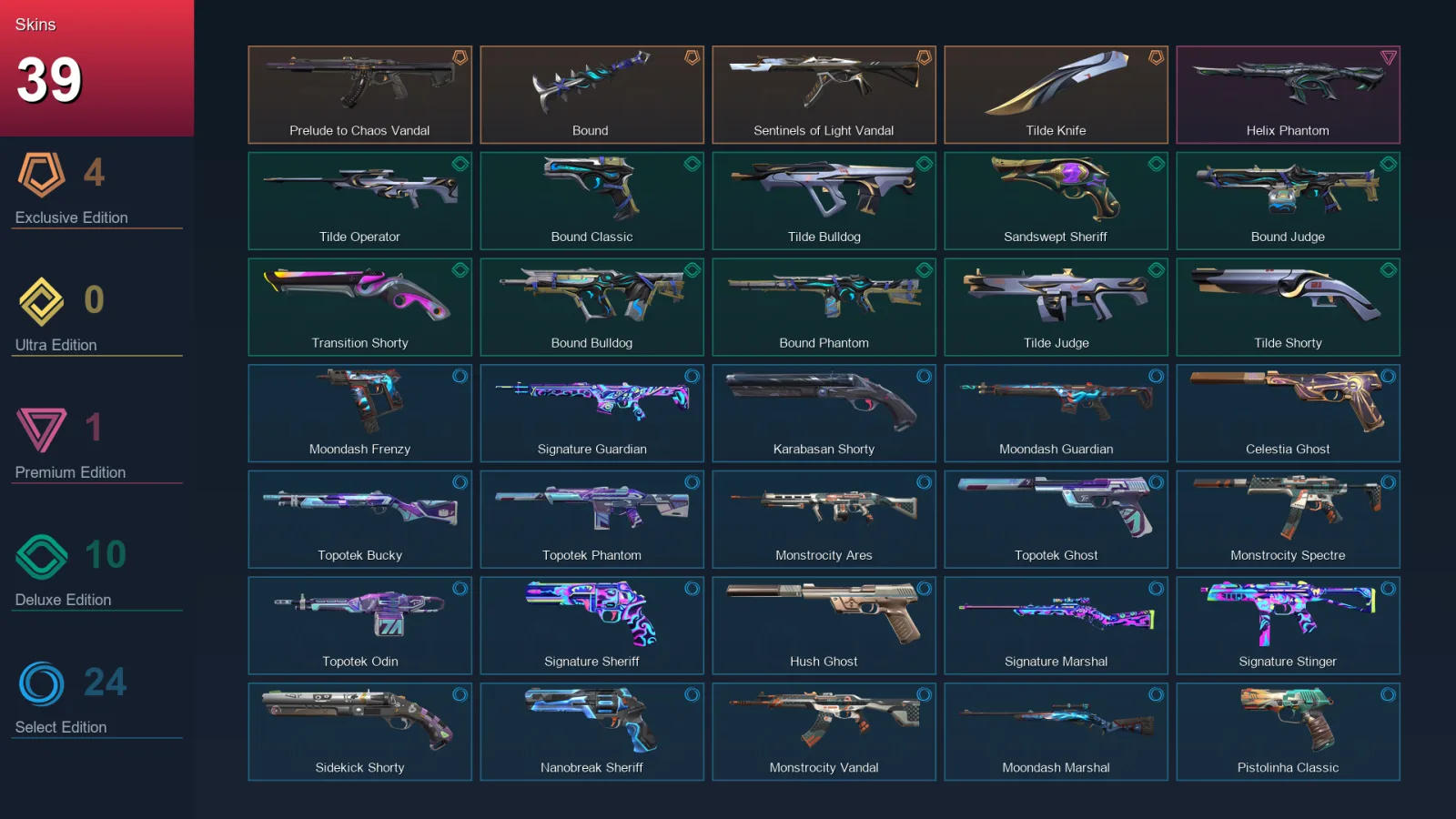EU | Prelude to Chaos Vandal | Bound | Sentinels of Light Vandal | Tilde Knife | 39 Skin | 29 Agent | 75 Buddy | Lv167