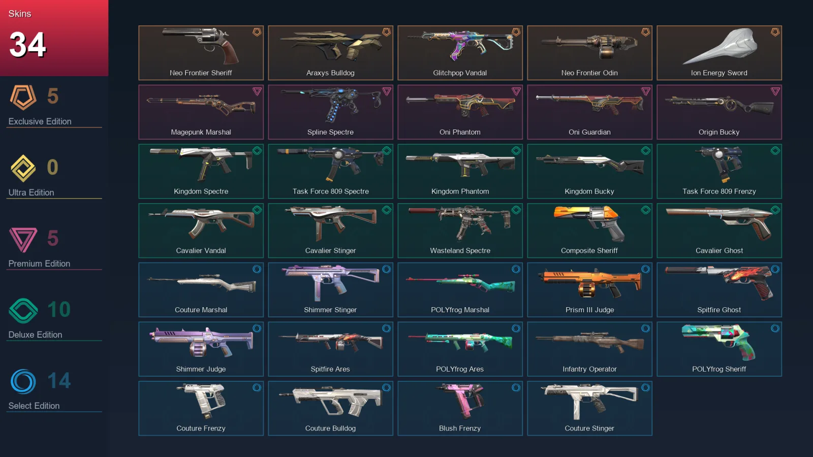 NA | Lv35 | Unranked | 34 Skin | 14 Agent | 30 Buddy