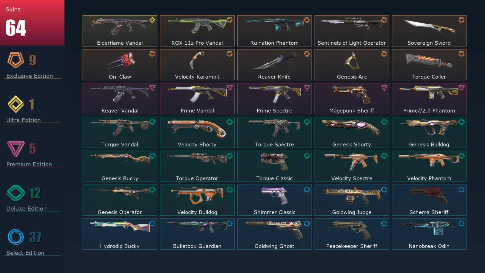 [Valorant] | EU | Level 210 | 27 Agents | 64 Skins
