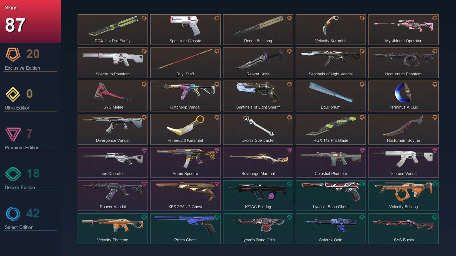 NA | Lv129 | Unranked | 87 Skin | 26 Agent | 77 Buddy