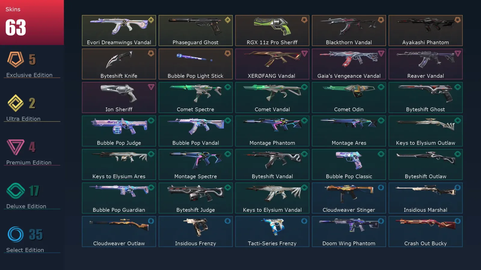 [Valorant] | EU | Level 85 | Bronze 2 | 25 Agents | 63 Skins