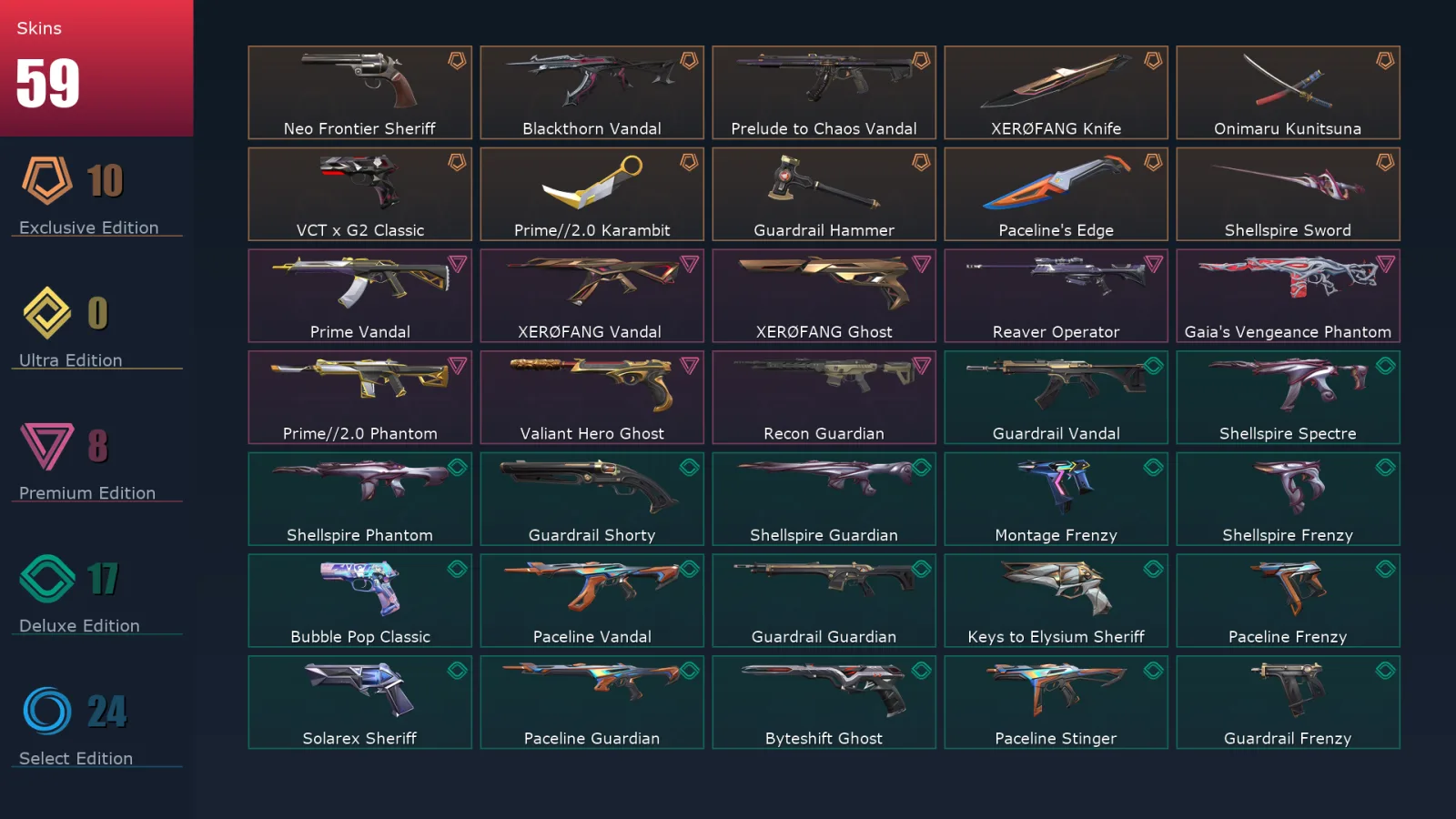 [Valorant] | EU | Level 163 | Silver 2 | 29 Agents | 59 Skins