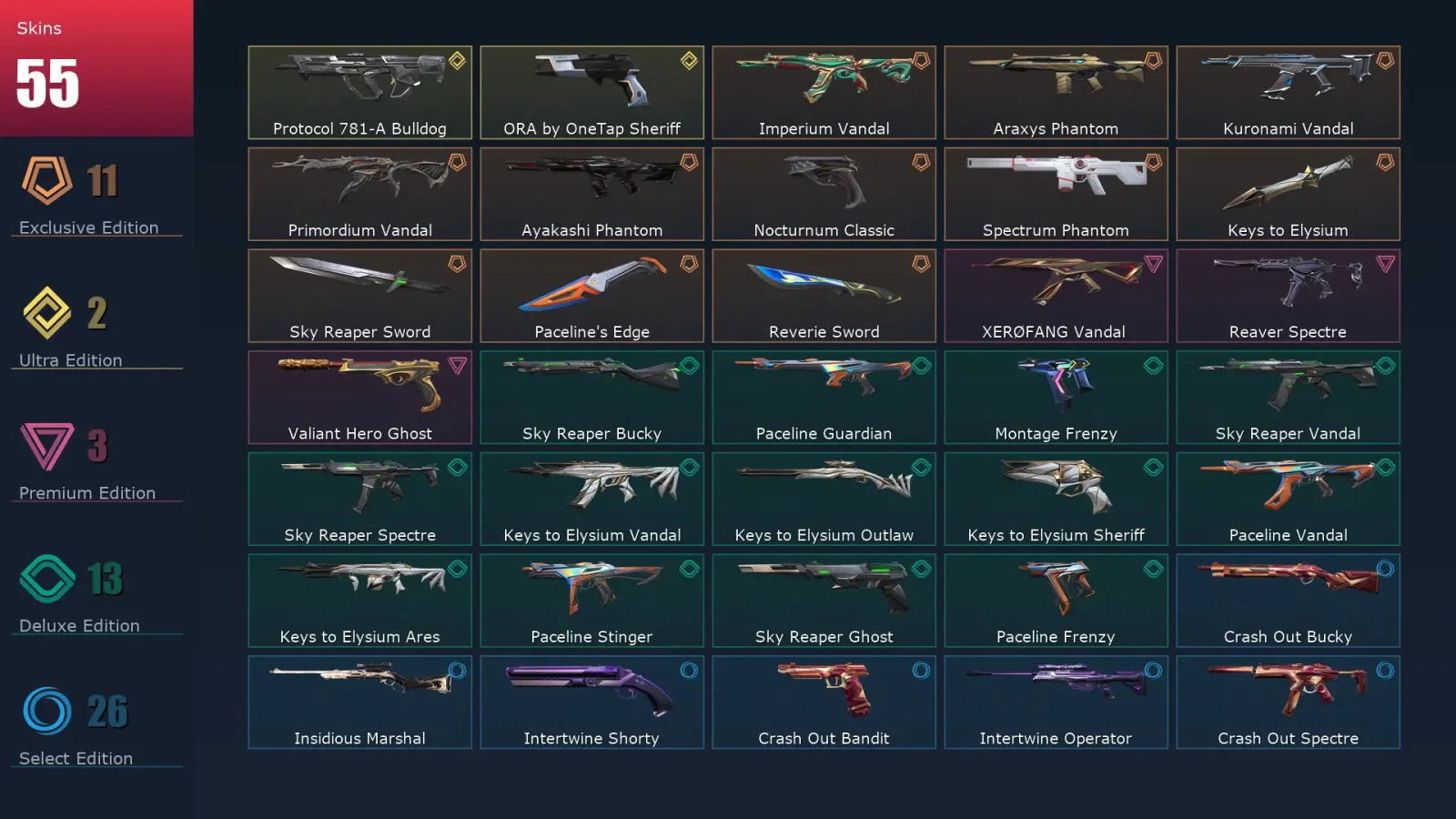 [Valorant] | EU | Level 152 | Bronze 3 | 29 Agents | 55 Skins