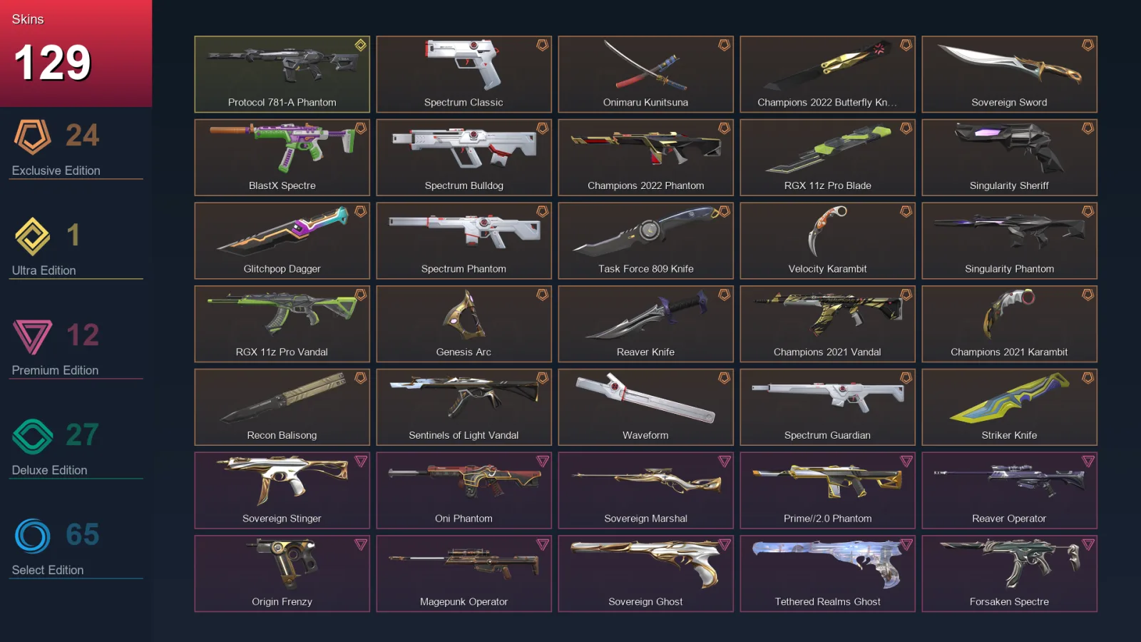 AP | Lv164 | Unranked | 129 Skin | 24 Agent | 111 Buddy — Champions 2022 Butterfly Knife