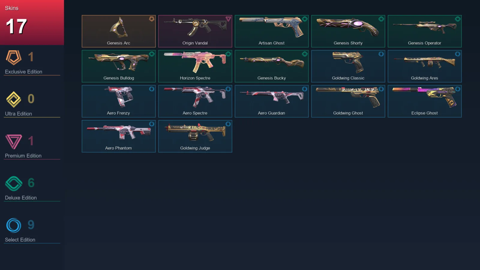 LA | Genesis Arc | Origin Vandal | Artisan Ghost | Genesis Shorty | 17 Skin | 19 Agent | 33 Buddy | Lv86