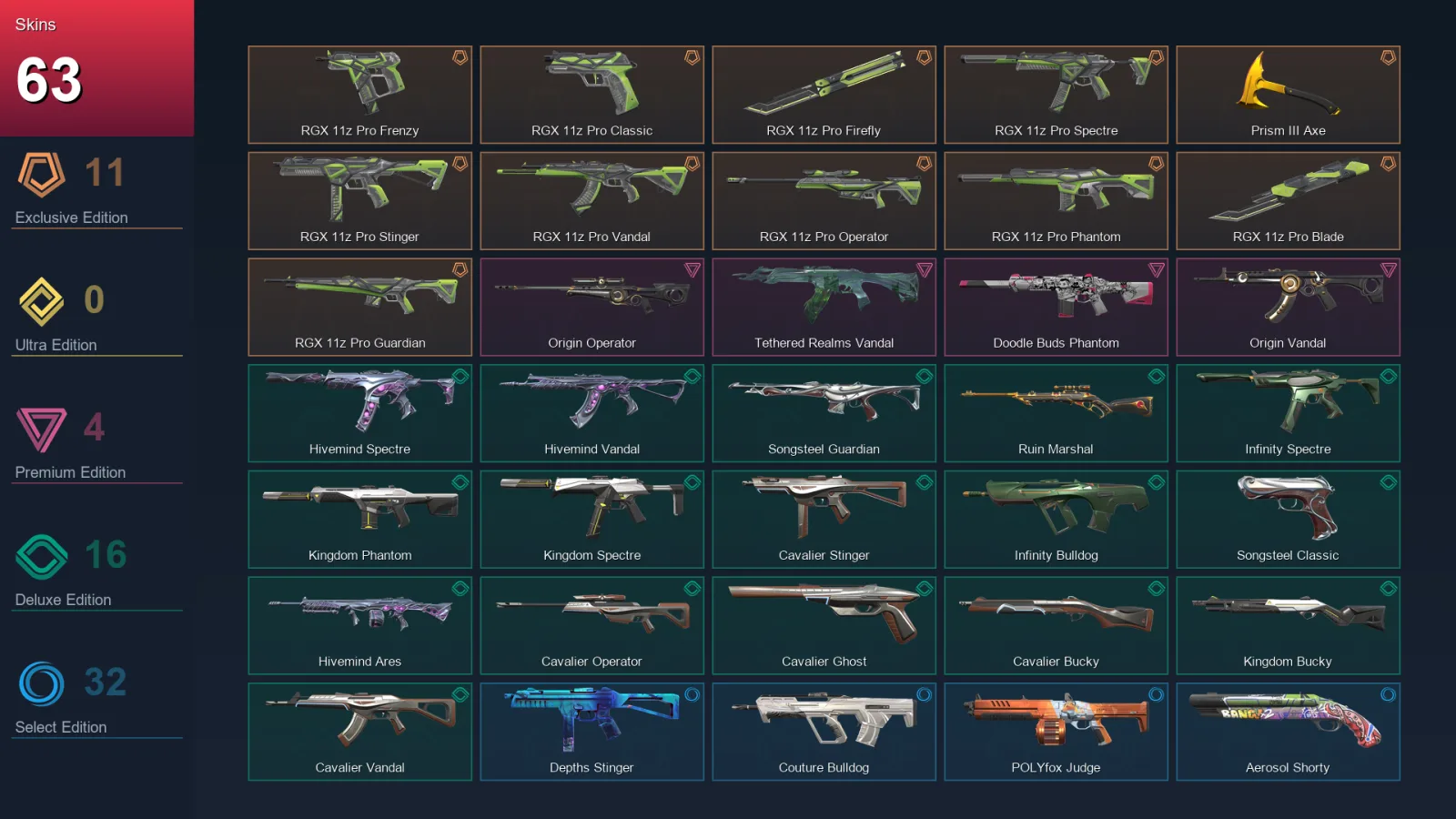 LA | RGX 11z Pro Frenzy | RGX 11z Pro Classic | RGX 11z Pro Firefly | RGX 11z Pro Spectre | 63 Skin | 19 Agent | 72 Buddy | Lv84