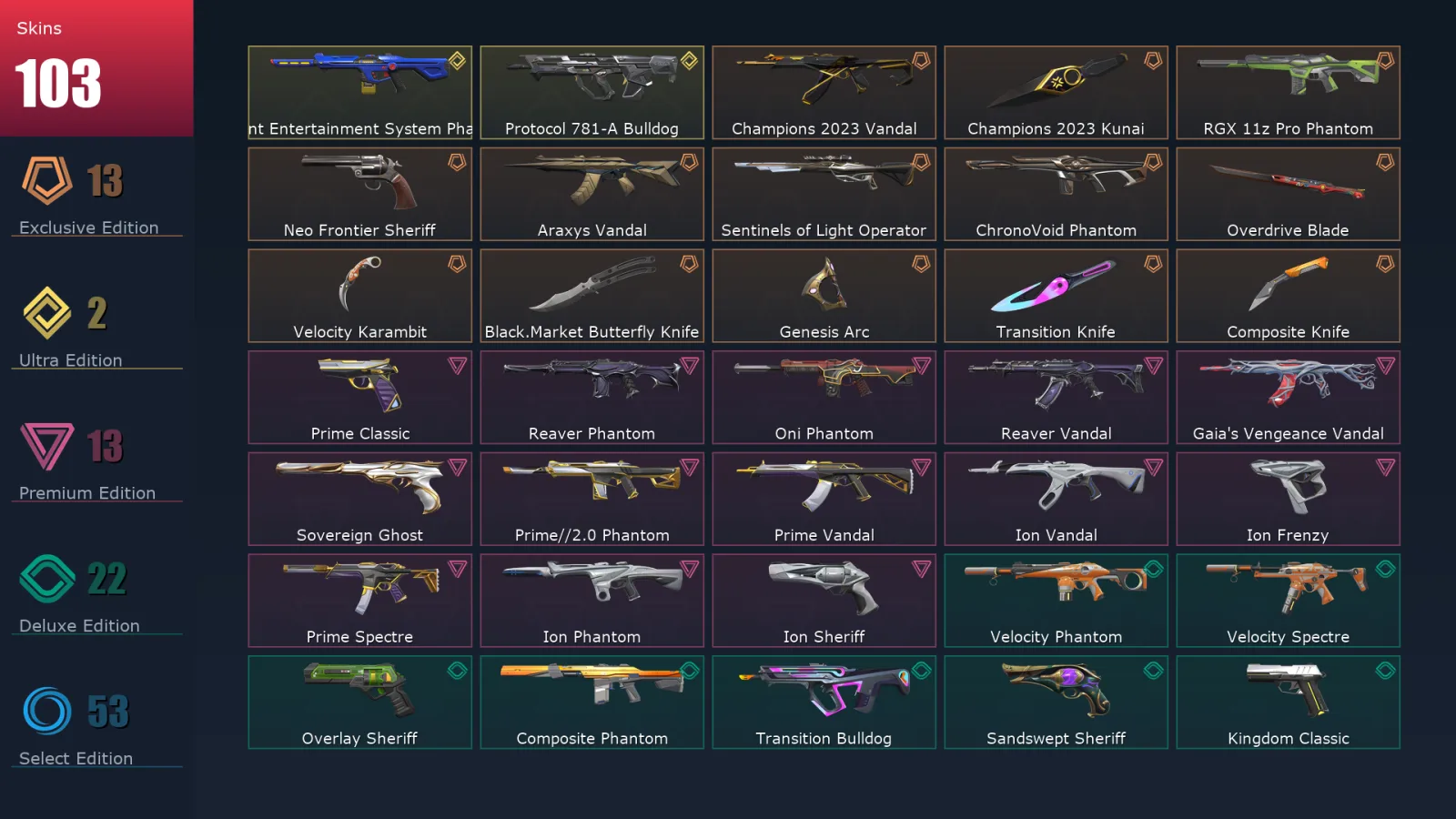[Valorant] | EU | Level 500 | 29 Agents | 103 Skins