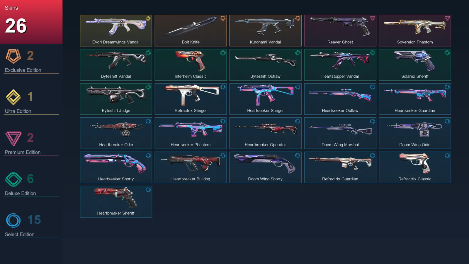 EU | Lv77 | Unranked | 26 Skin | 21 Agent | 35 Buddy &mdash; Valorant account with Chamber