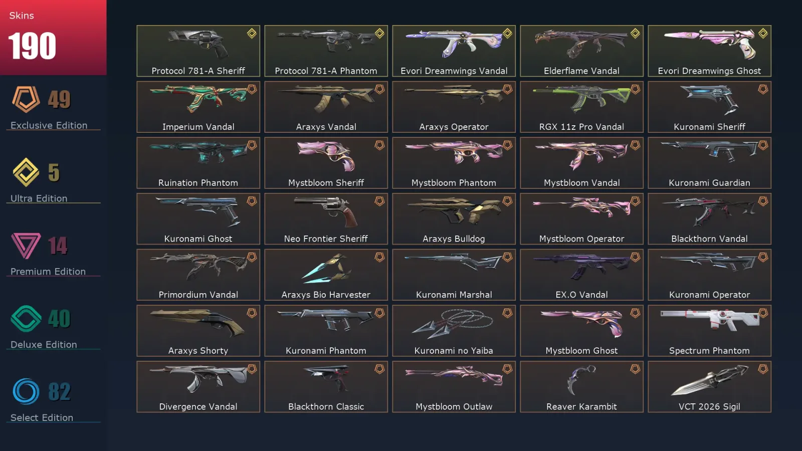 [Valorant] | EU | Level 500 | Gold 1 | 29 Agents | 190 Skins