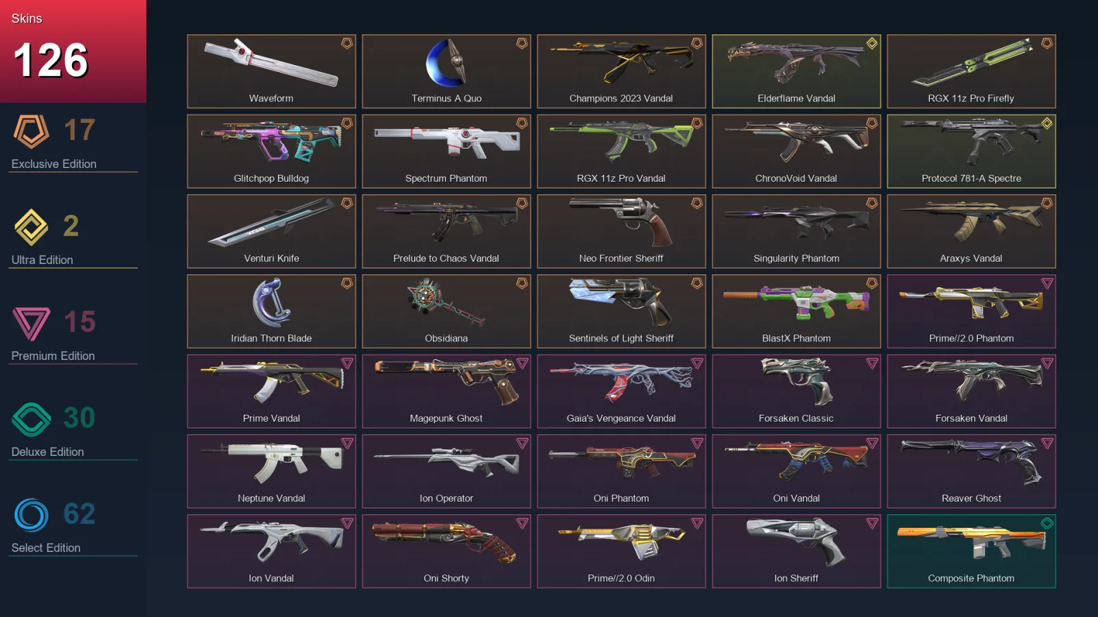 AP | Waveform | Terminus A Quo | Champions 2023 Vandal | RGX 11z Pro Firefly | 126 Skin | 23 Agent | 100 Buddy | Lv137