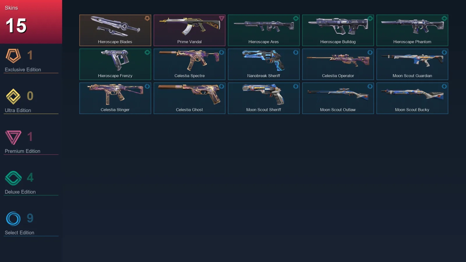 AP | Hieroscape Blades | Prime Vandal | Hieroscape Ares | Hieroscape Bulldog | 15 Skin | 28 Agent | 37 Buddy | Lv73
