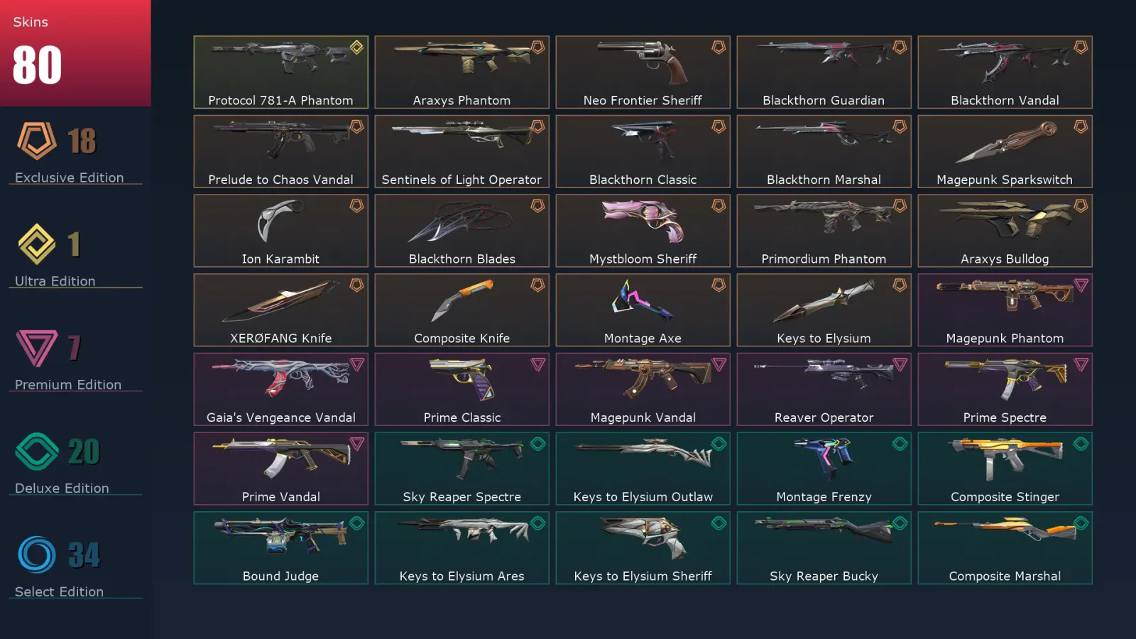 [Valorant] | EU | Level 143 | Platinum 2 | 29 Agents | 80 Skins