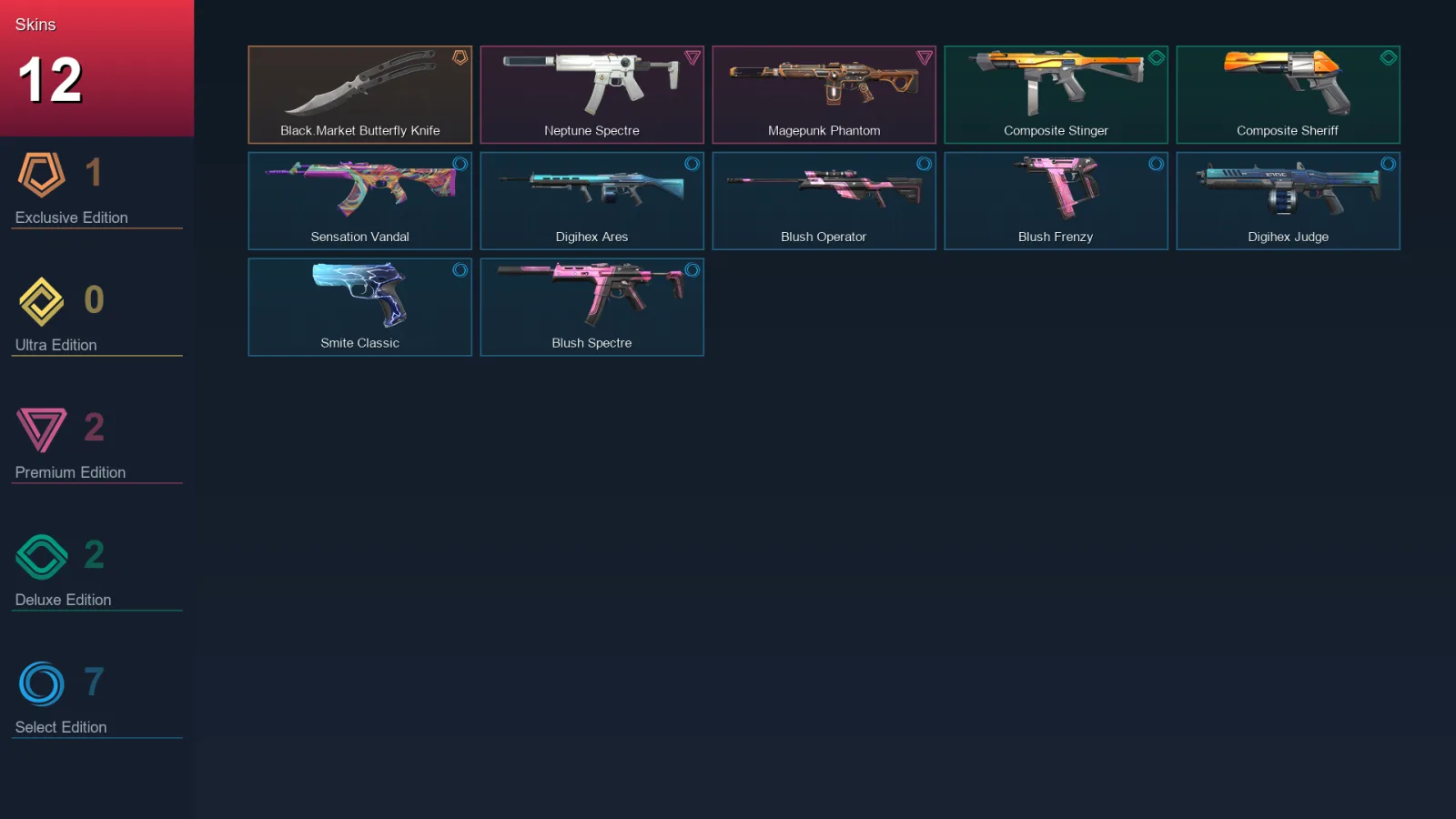 AP | Black.Market Butterfly Knife | Neptune Spectre | Magepunk Phantom | Composite Stinger | 12 Skin | 14 Agent | 17 Buddy | Lv34