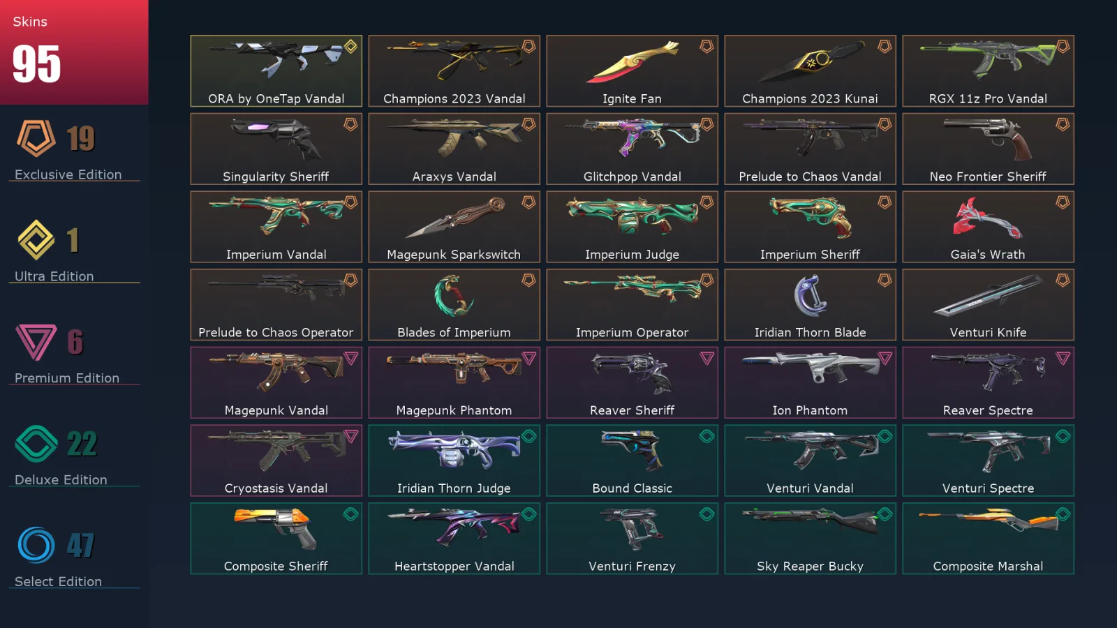[Valorant] | EU | Level 113 | Silver 1 | 28 Agents | 95 Skins