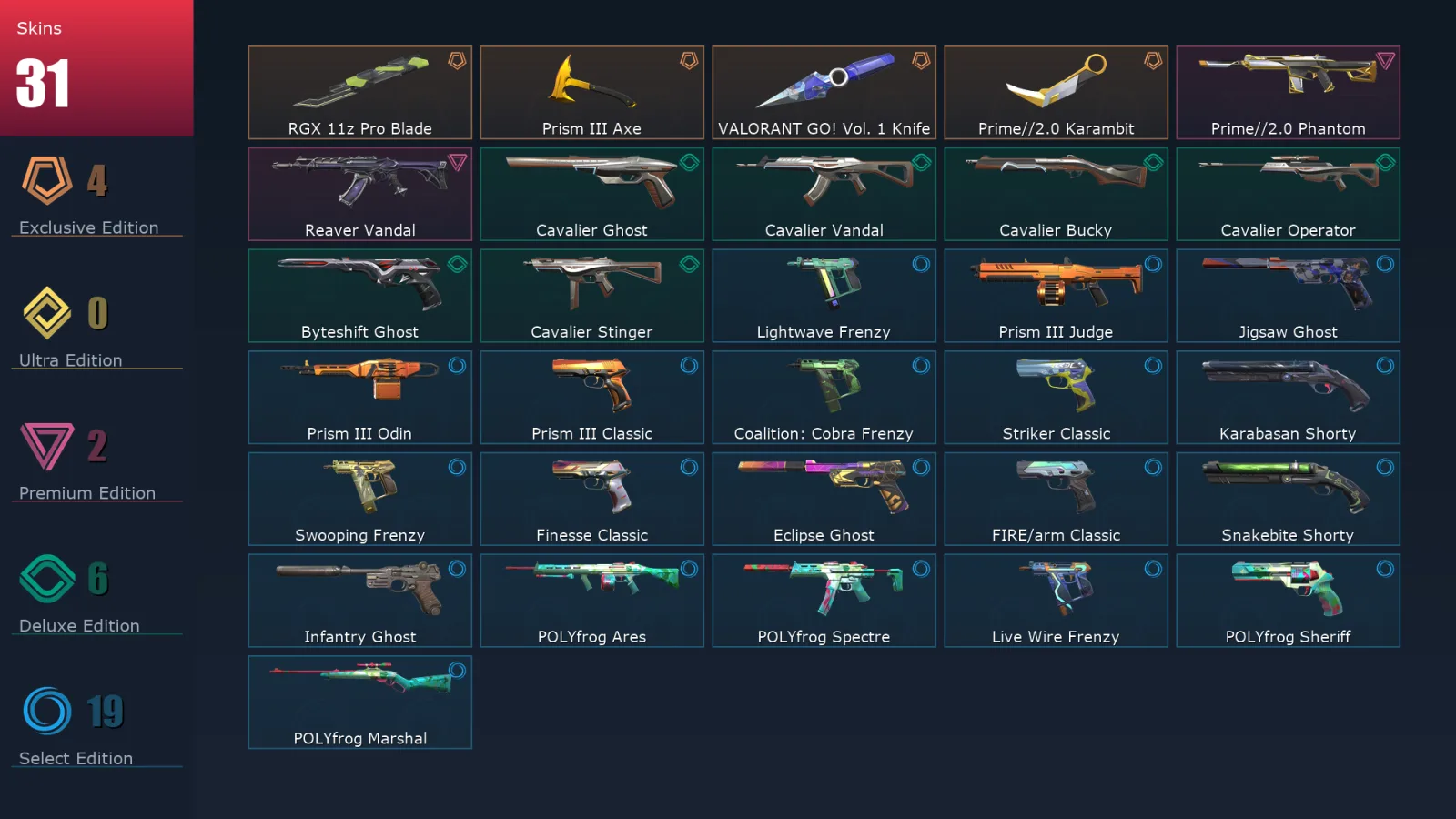 [Valorant] | EU | Level 204 | 27 Agents | 31 Skins