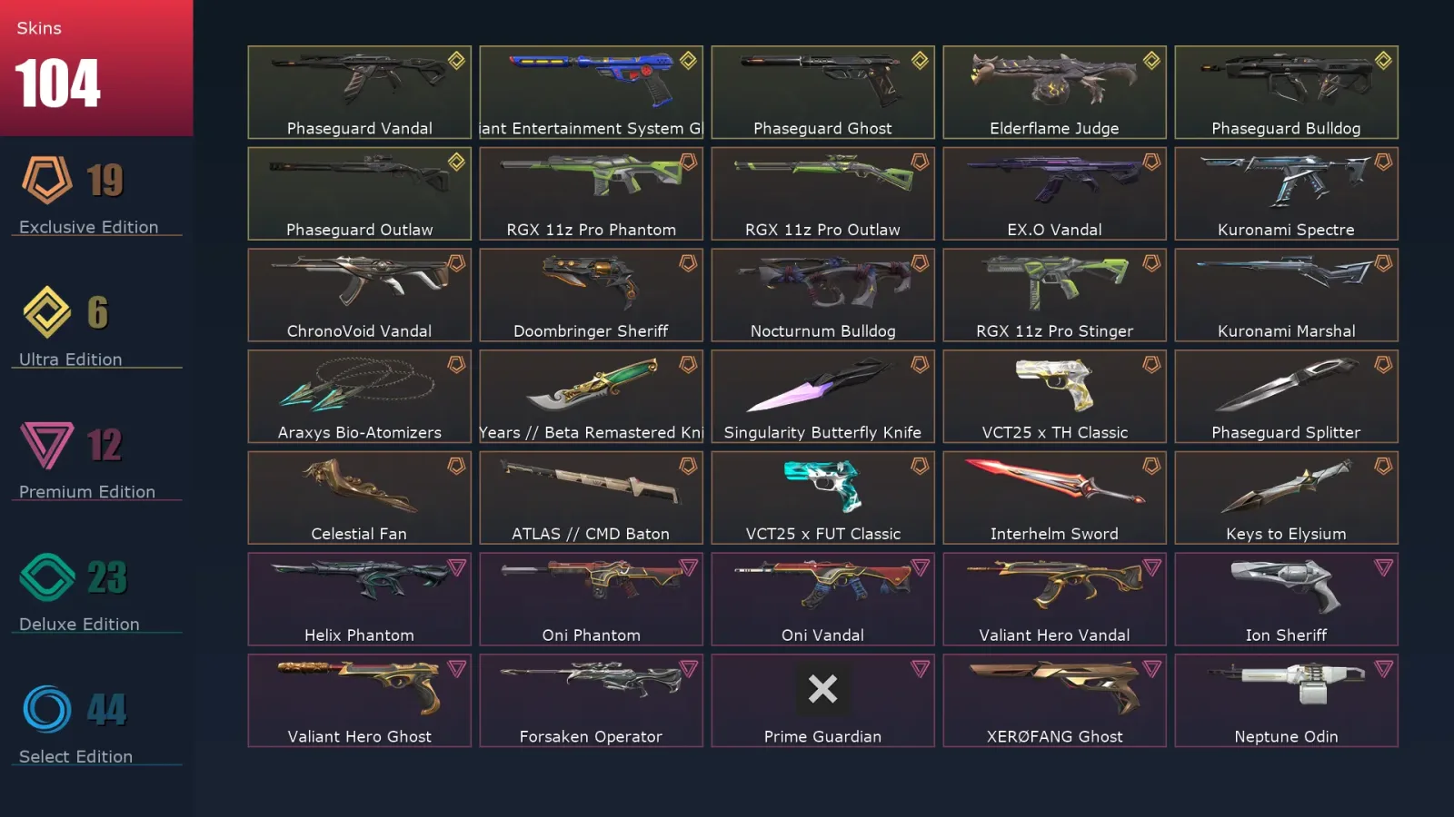 [Valorant] | EU | Level 104 | Diamond 1 | 29 Agents | 104 Skins