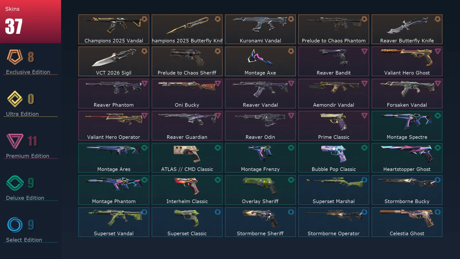 [Valorant] | EU | Level 1 | Immortal 1 | 29 Agents | 37 Skins