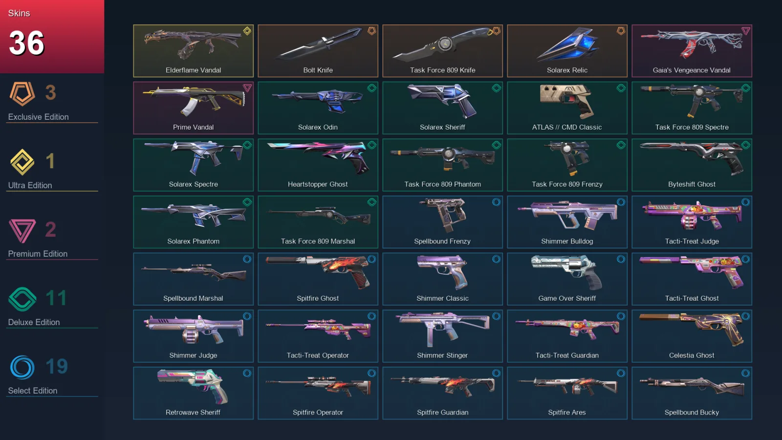 EU | Bolt Knife | Task Force 809 Knife | Solarex Relic | Elderflame Vandal | 36 Skin | 28 Agent | 80 Buddy | Lv163