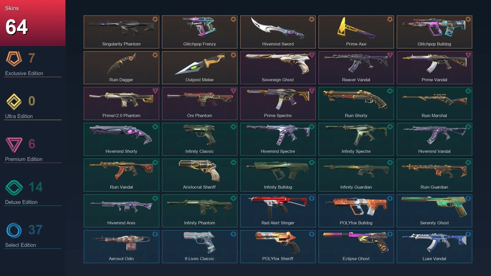 AP | Singularity Phantom | Glitchpop Frenzy | Hivemind Sword | Prime Axe | 64 Skin | 20 Agent | 77 Buddy | Lv149