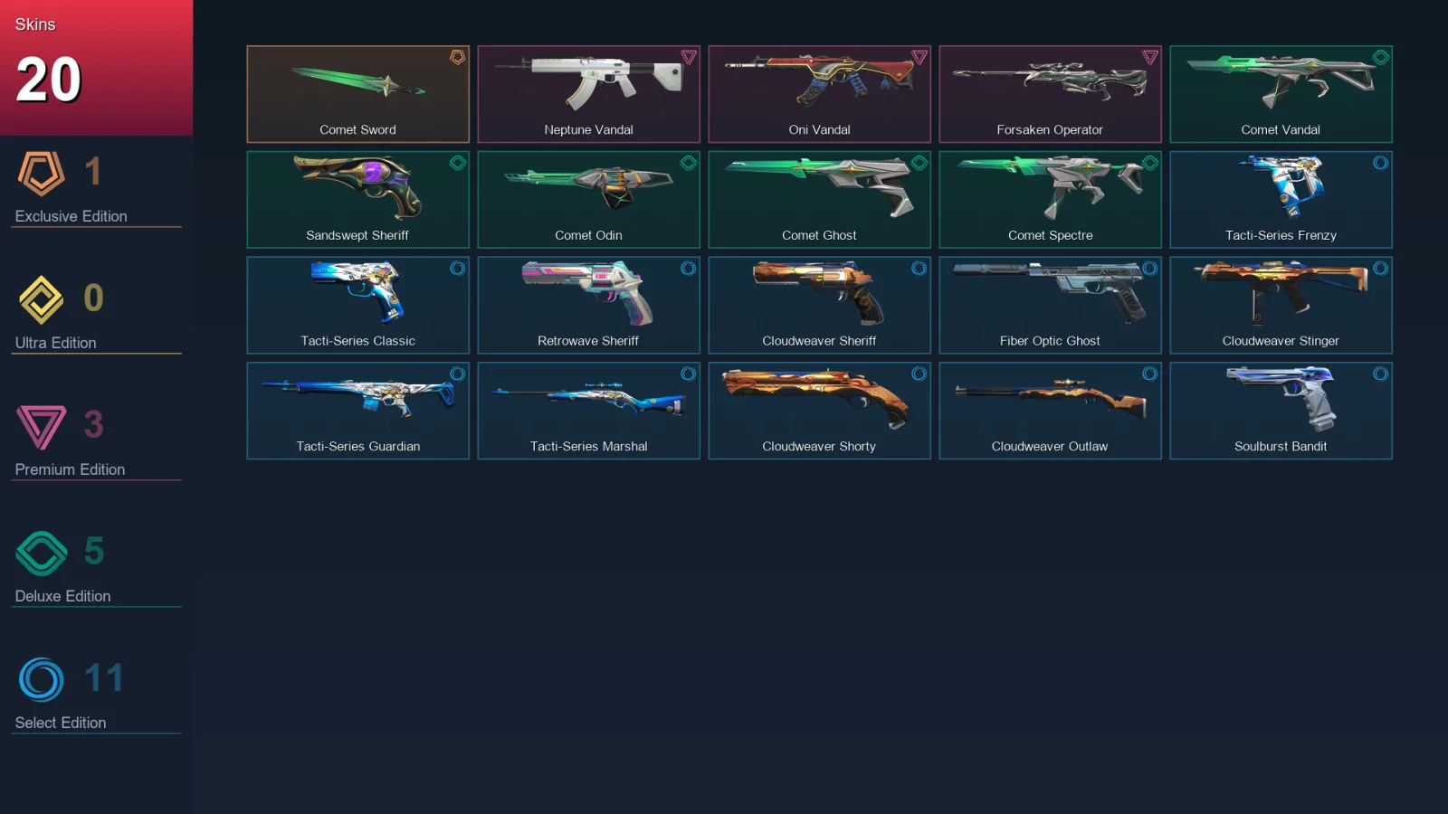 AP | Comet Sword | Neptune Vandal | Oni Vandal | Forsaken Operator | 20 Skin | 29 Agent | 58 Buddy | Lv120
