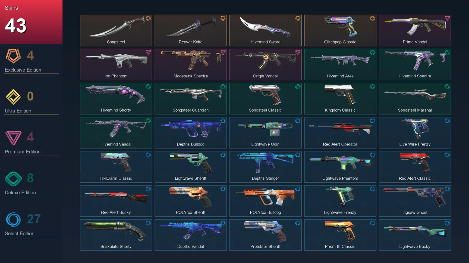 AP | Lv165 | Unranked | 43 Skin | 26 Agent | 87 Buddy