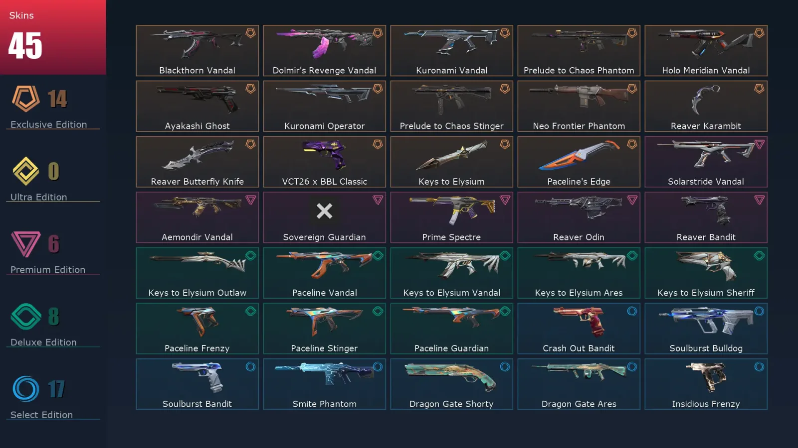 [Valorant] | EU | Level 89 | 20 Agents | 45 Skins