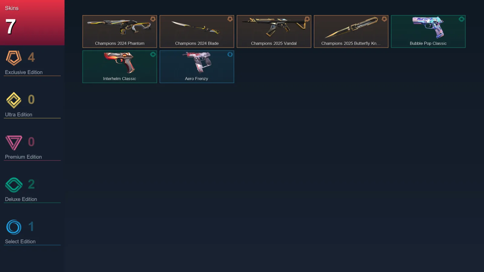 AP | Champions 2024 Phantom | Champions 2024 Blade | Champions 2025 Vandal | Champions 2025 Butterfly Knife | 7 Skin | 26 Agent | 62 Buddy | Lv107
