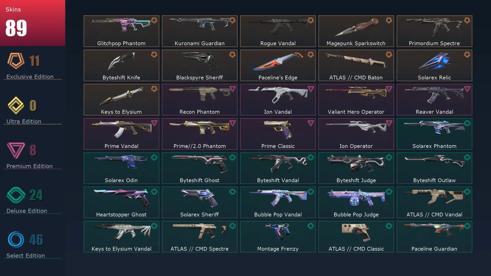 [Valorant] | EU | Level 164 | Gold 1 | 29 Agents | 89 Skins