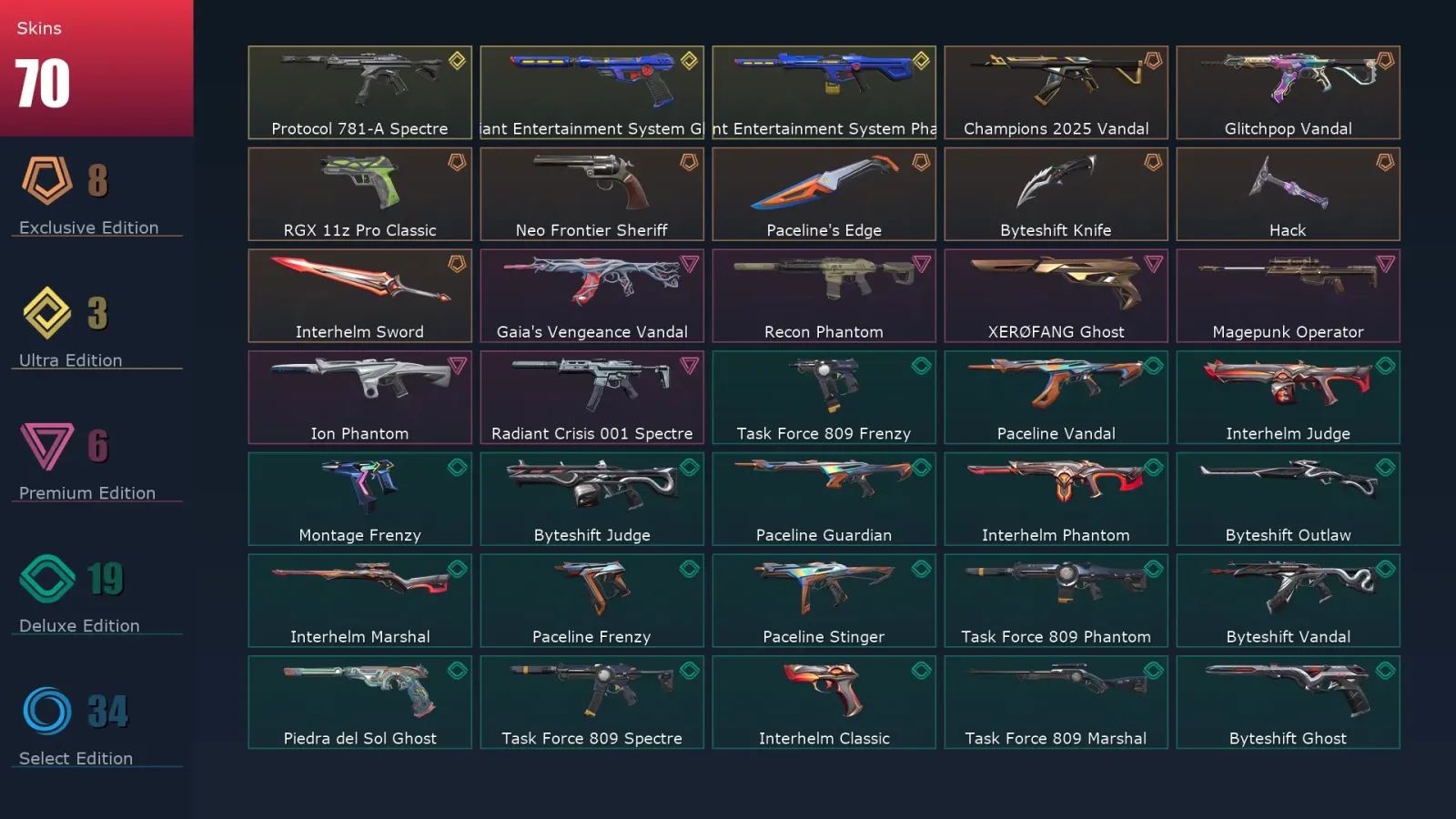 [Valorant] | EU | Level 99 | Gold 1 | 22 Agents | 70 Skins