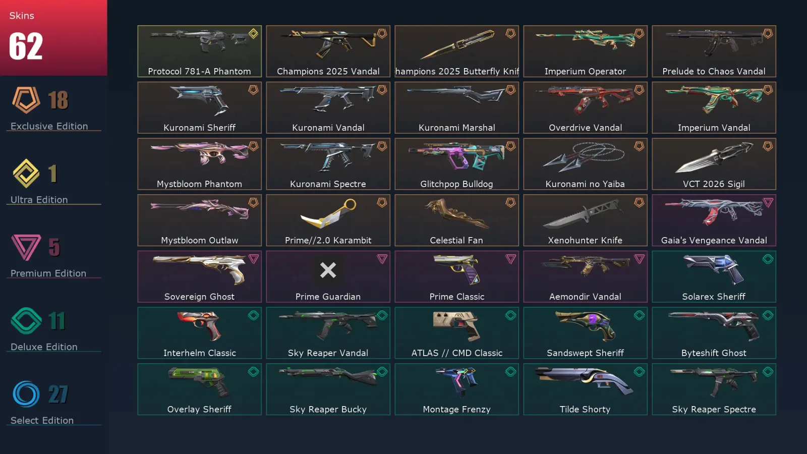 [Valorant] | EU | Level 340 | Diamond 3 | 29 Agents | 62 Skins