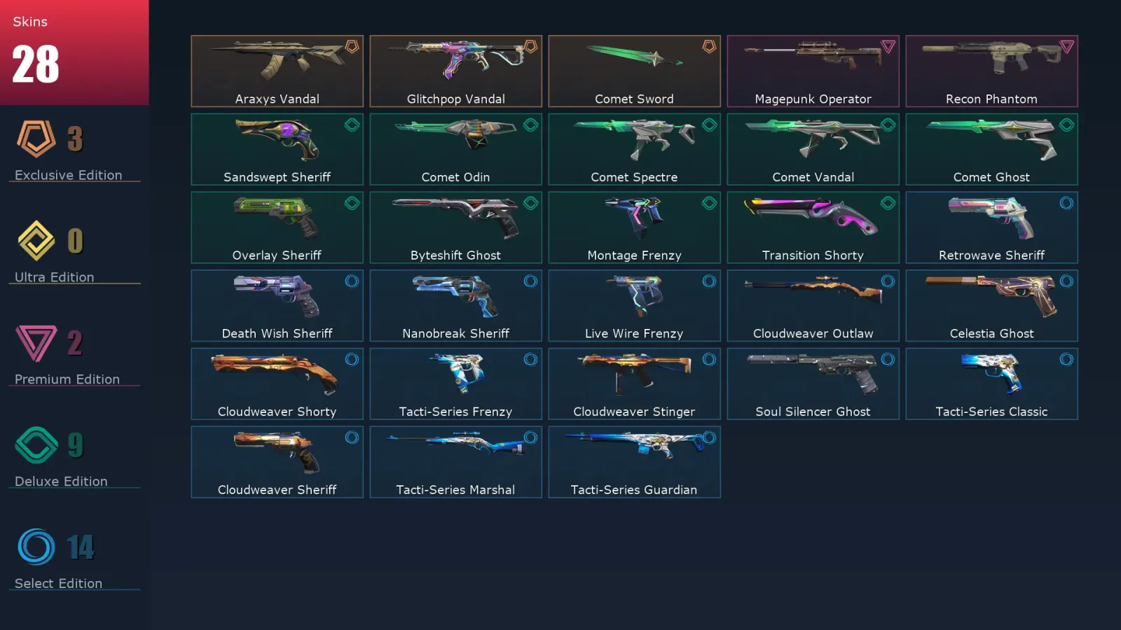 [Valorant] | EU | Level 260 | Platinum 3 | 29 Agents | 28 Skins